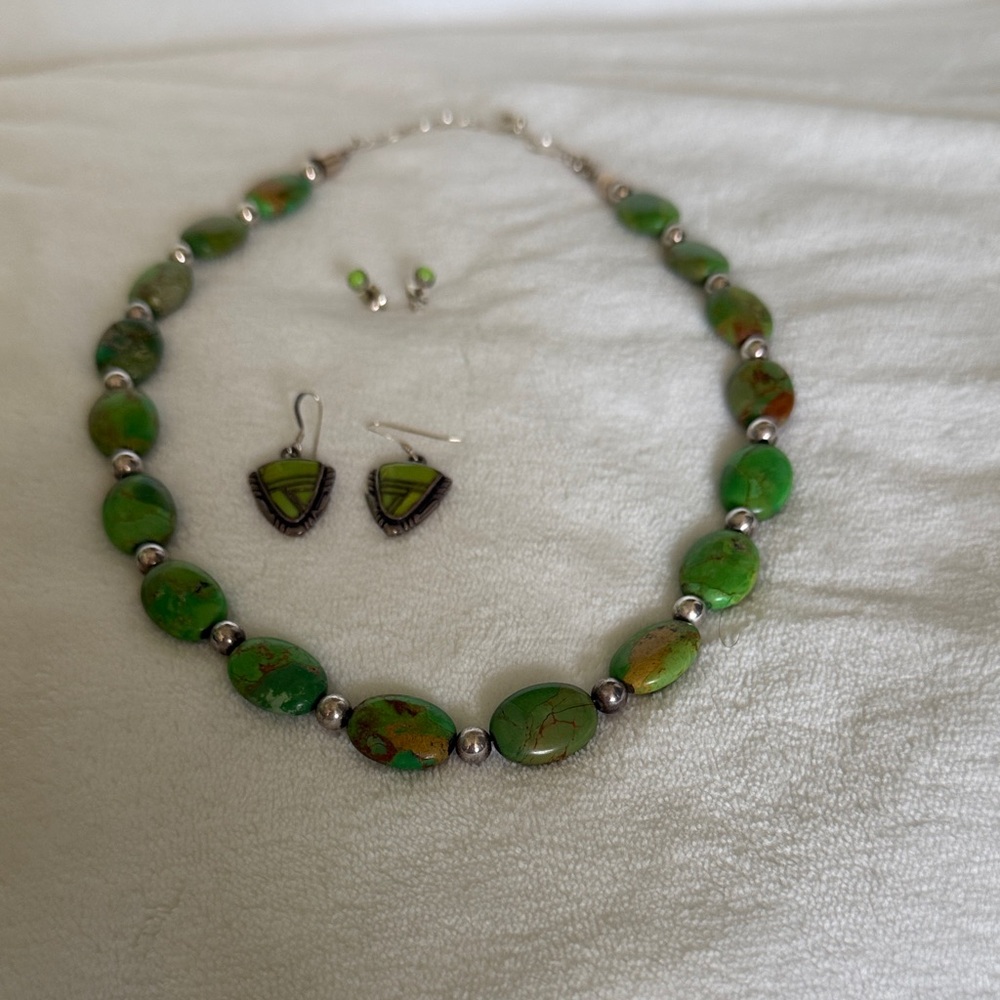 Green Turquoise Beaded Necklace and Earring Set